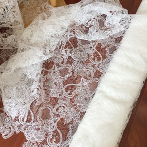 Floral Alencon Lace Fabric, Warm White Embroidery, Wedding Gown Lace (1 Yard)