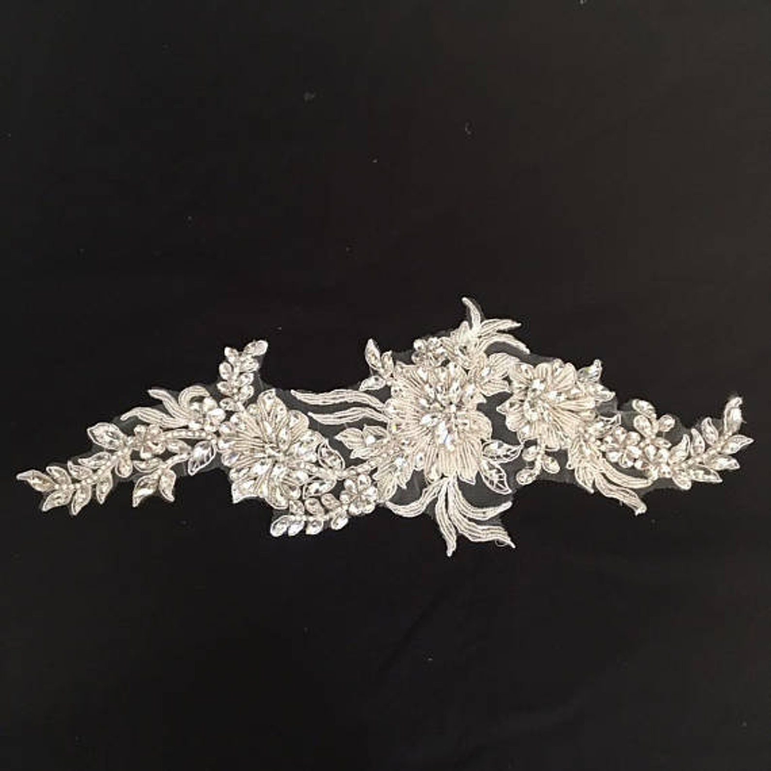 Luxury Rhinestone Beaded Lace Applique Pair in Silver Etsy