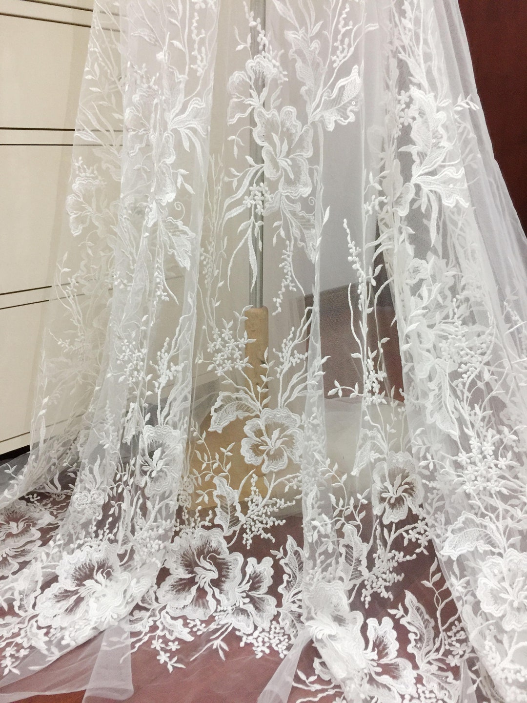 1 Yard Clear Sequin Wedding Lace Tulle Embroidery Floral Off-white