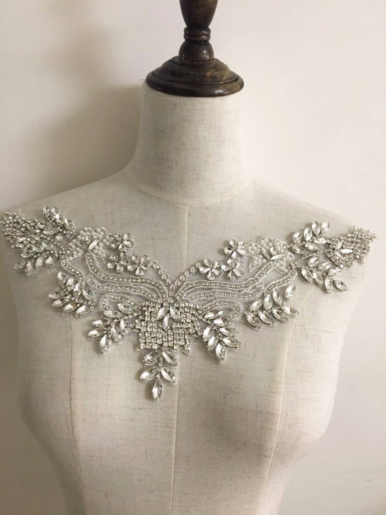 Exquisite Rhinestone Beaded Bridal Applique With Silver Thread Etsy