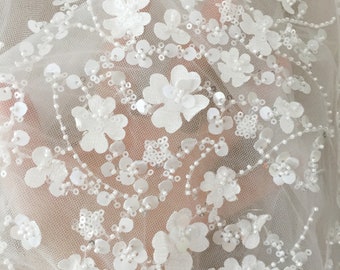 3D Flower Embroidery Lace Fabric with Beads, Ivory Wedding Gown Lace