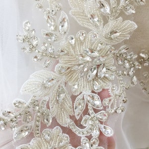 Couture Rhinestone Beaded Applique, Bridal Gown Bodice Applique Crystal Beading in Silver
