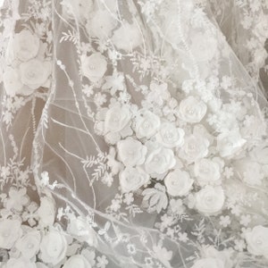 Ivory 3D lace fabric, Luxury hand made beads by 3D Blossoms, French Lace, Embroidered lace, Wedding Lace, Bridal lace, black Lace, Veil lace