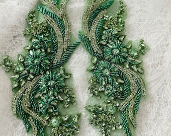 Verde fresco delicado Phoenix Rhinestone Applique Pair Crystal Beaded Bridal Gown Bodice Cape Couture Crystal Applique