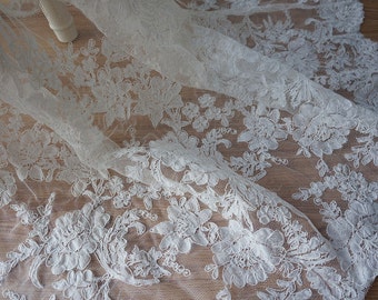 Off White Alencon Lace Fabric: Scalloped Bridal Wedding Gown Lace