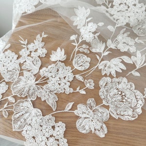 Exquisite cotton embroidery lace fabric ,sequin bridal  lace fabric for wedding dress, bridal veil straps