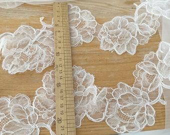 1 Yard Alecnon Lace Trim in Off White, Bridal Veil Trim  Bodice 3D Tulle Beaded Crystal Applique Veil Applique