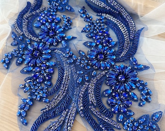 Par de apliques de diamantes de imitación de Fénix azul real con cuentas de cristal para vestido de novia corpiño Cape Couture apliques de cristal