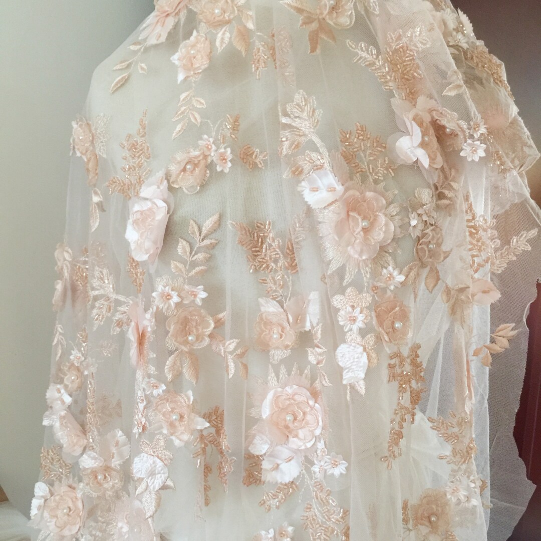 vory, Blush Pink, Peach & Scarlet Red 3D Floral Appliqué Mesh Lace with Beaded Embroidery main image 0