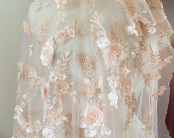 Peach Pink 3D Beaded Flower Lace Fabric, Haute Couture Wedding Gown