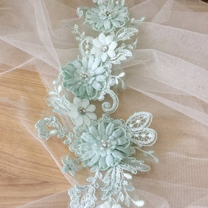 3D Beaded Bridal Lace Applique in Mint Green for Wedding Belt Applique, Veils, Headbands, Sash applique, Garters image 7