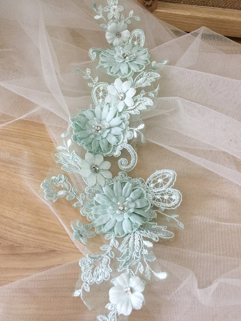 3D Beaded Bridal Lace Applique in Mint Green for Wedding Belt Applique, Veils, Headbands, Sash applique, Garters image 7