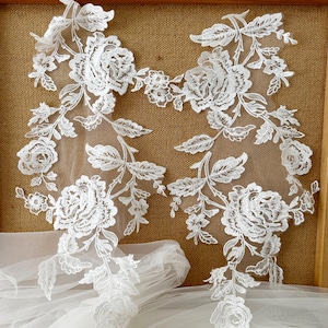 1 Pair Exquisite Rose Floral Embroidery Lace Applique , Bridal Applique for Veils Bodice