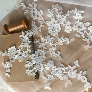 ivory cotton alencon lace applique, bridal veil wedding gown applique, floral embroidery applique