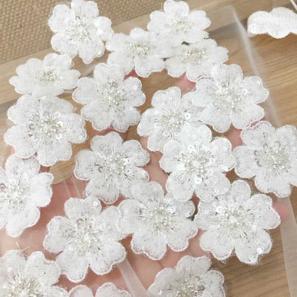 50 Stück 3D Perlen aufnähen Blume, 3D Blumen Spitze Applikation, 3D Spitzen Blume, BrautKleid Applikation, Braut 3D Applikation