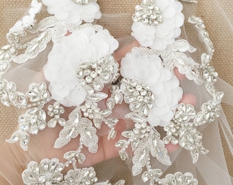1 par delicada concha de pedrería Apliques Par de cuentas Vestido de novia Corpiño Cape Couture Crystal Applique