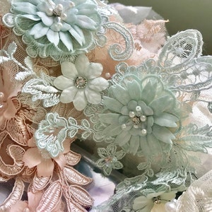 3D Beaded Bridal Lace Applique in Mint Green for Wedding Belt Applique, Veils, Headbands, Sash applique, Garters image 2