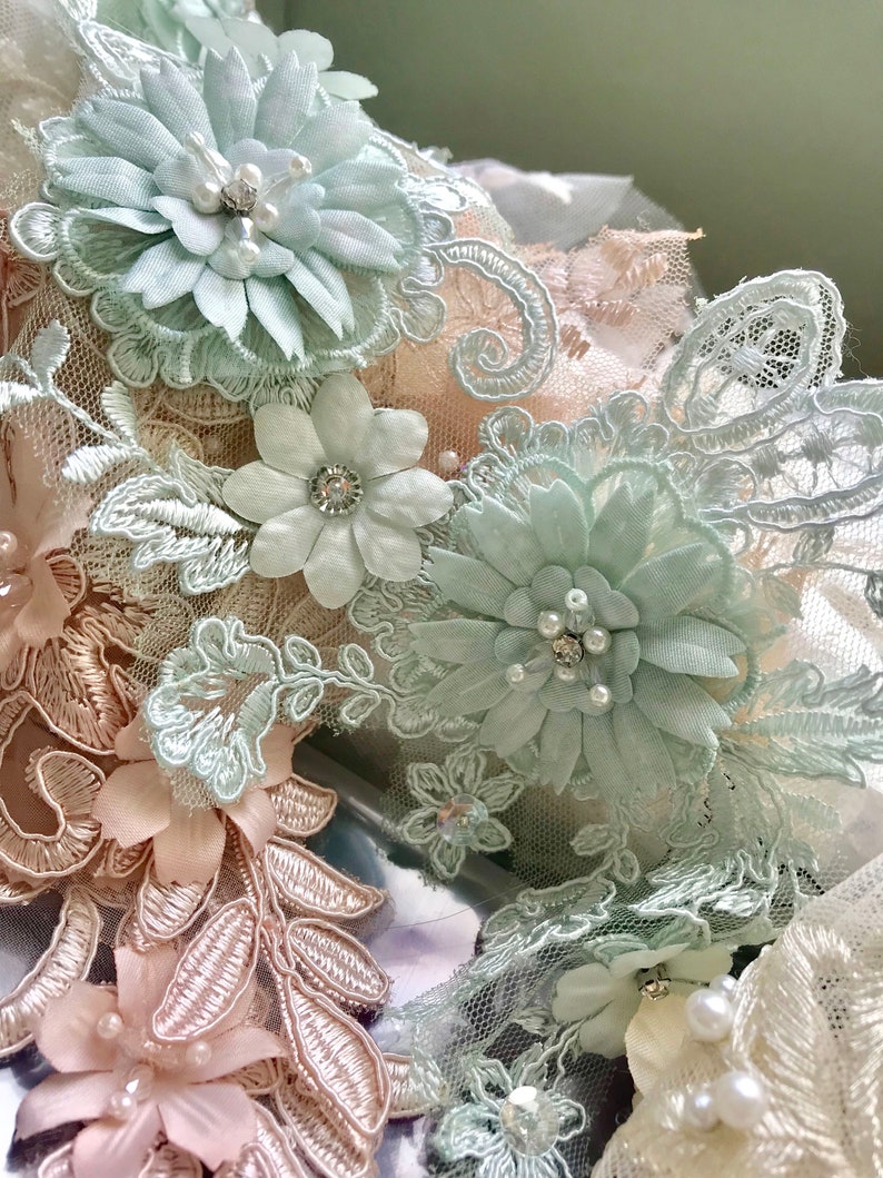 3D Beaded Bridal Lace Applique in Mint Green for Wedding Belt Applique, Veils, Headbands, Sash applique, Garters image 2