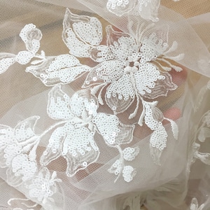 1 yard off white sequin tulle bridal lace fabric Soft Flowy Floral Embroidery Bridal Cape Shrug Fabric Lace