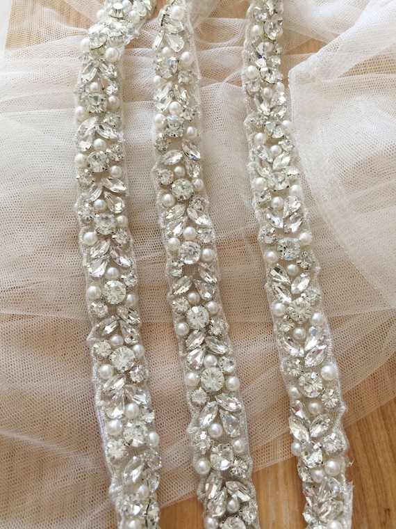 Thin rhinestone and pearl beaded trim for wedding belt, bridal sash,  wedding gown straps ,bridesmaids belt,rhinestone hairband