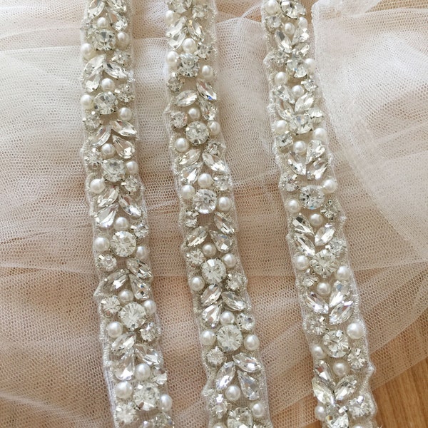 Thin rhinestone and pearl beaded trim for wedding belt, bridal sash, wedding gown straps ,bridesmaids belt,rhinestone hairband