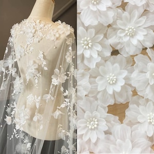 100 pieces Off White 3D Pearl Beaded Flower Lace Applique, Blossom Patch Motif for Wedding Veil Bridal Headpiece Hair Flowers 8 cm