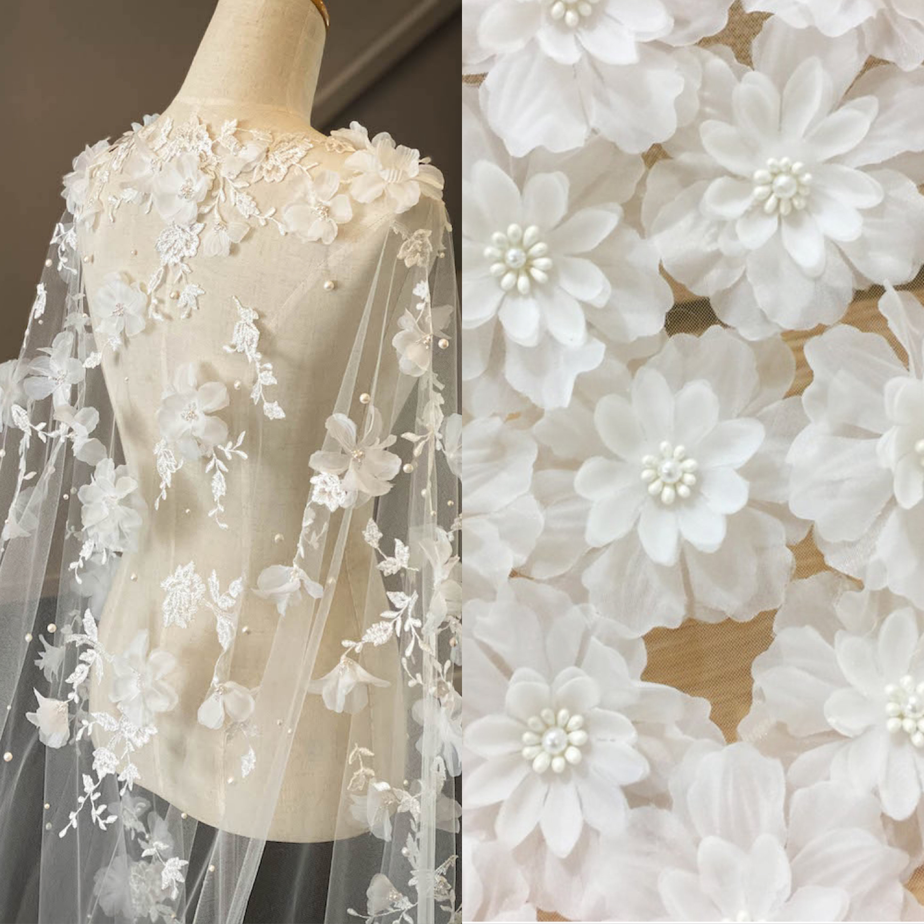 Off White 3D Pearl Flower Lace Appliques, Bridal Headpiece, Veil