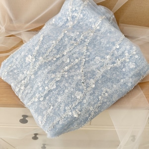 Ice Blue Peach Champagne bead tulle lace fabric for bridal dress, sequined fabric with gradient colors and florals vines for bridal dress