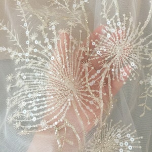 Dandelion Beaded Sequin Lace Fabric, Champagne Bridal Couture