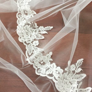 May include: White tulle fabric with a delicate white lace trim featuring floral designs. The lace trim has a scalloped edge.