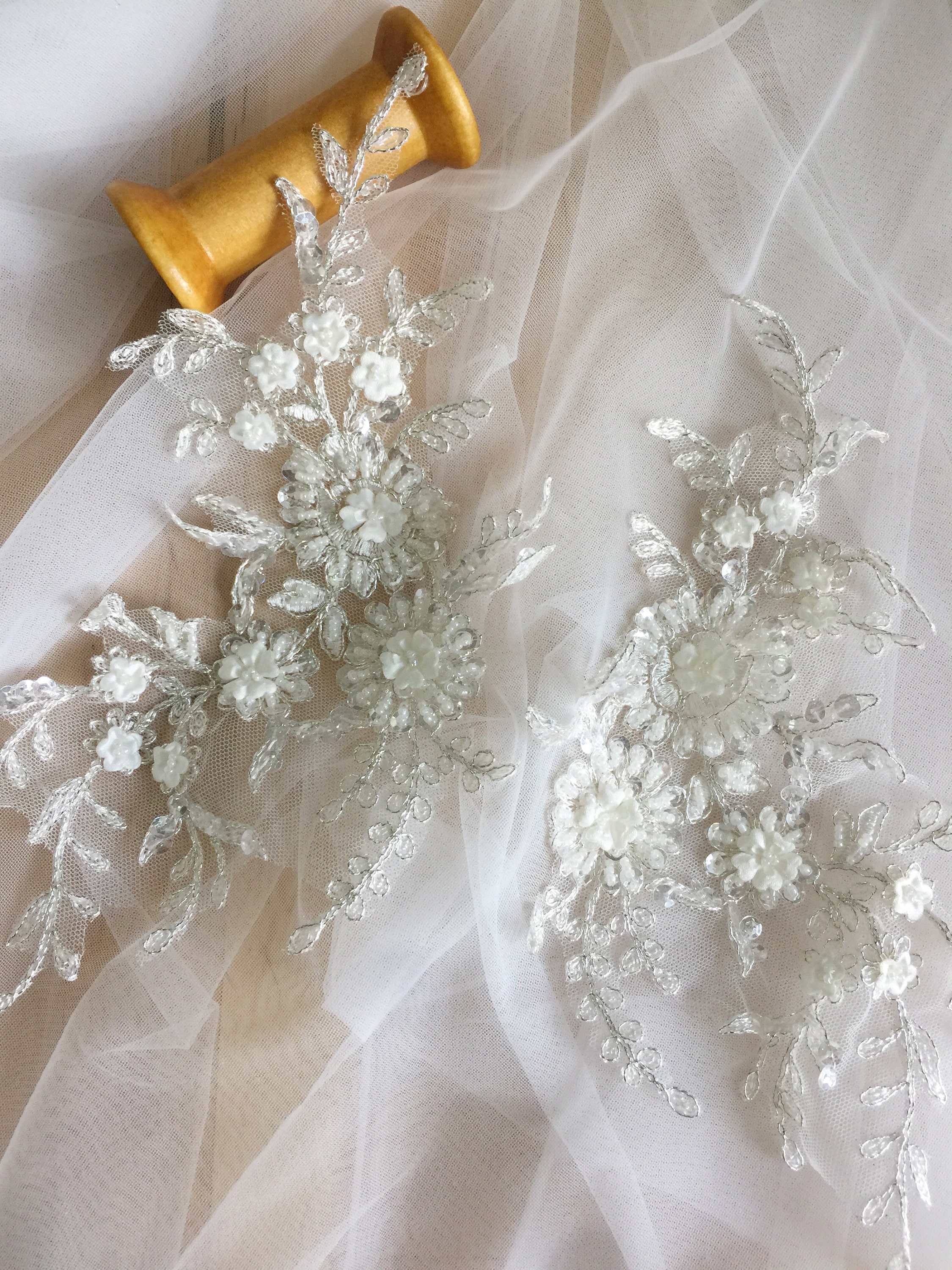 ivory beaded bridal lace applique alencon rhinestone applique Etsy