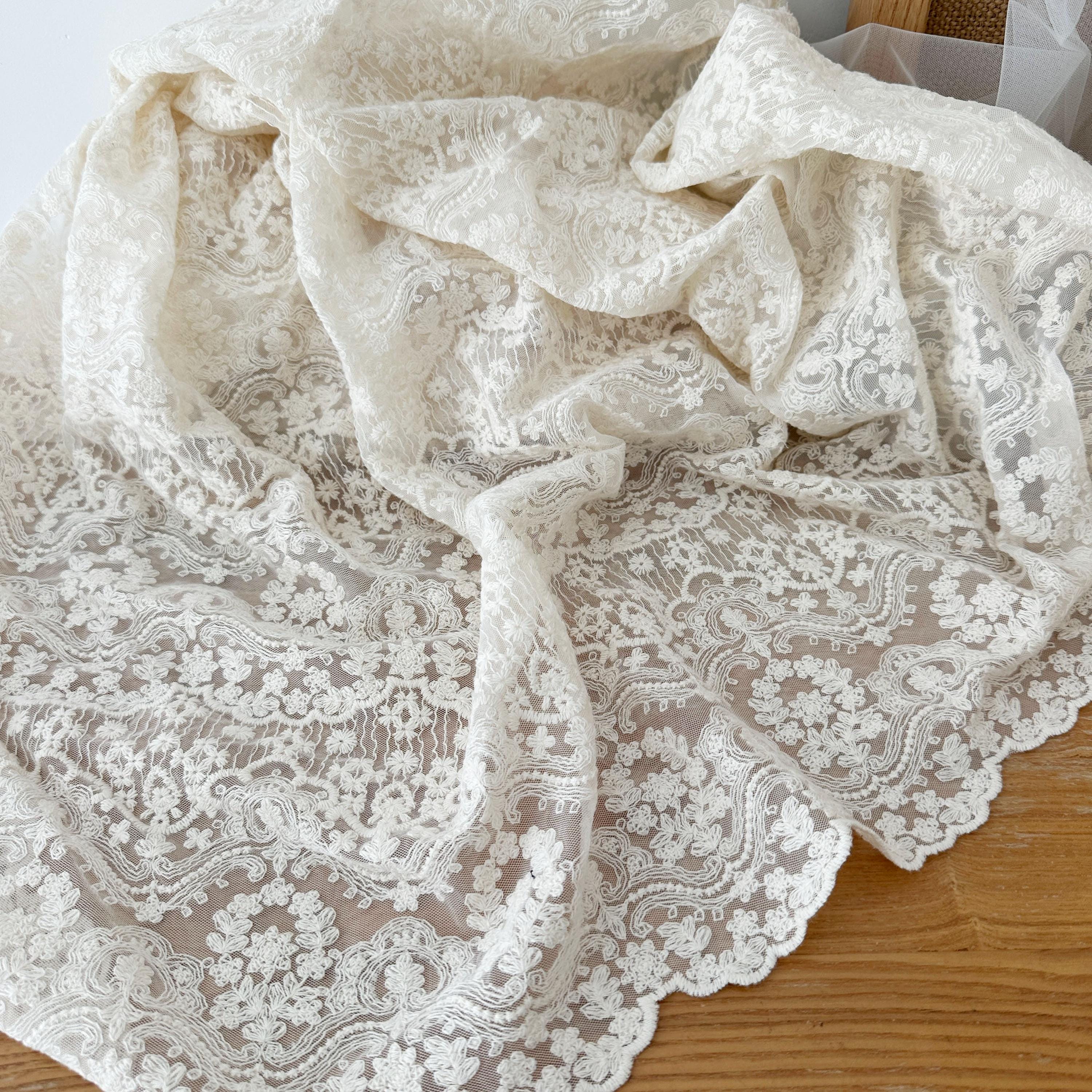 Ecru Cotton Embroidery Lace Fabric: Soft Floral Tulle, Bridal Gown