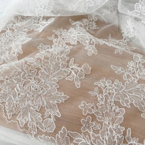 1 Yard Ivory Alencon Lace Fabric, Embroidery Bridal Lace Fabric, Wedding Gown Lace, Cord Lace Fabric