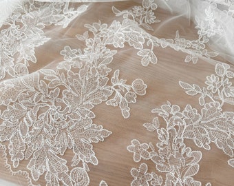 1 Yard Ivory Alencon Lace Fabric, Embroidery Bridal Lace Fabric, Wedding Gown Lace, Cord Lace Fabric