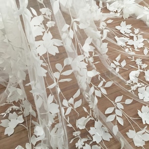 Exquisite Illusion 3D Leaf Bridal Gown Lace Fabric , Fine Made Vivid Floral Embroidery Blossom Fabric by Yard in Soft White