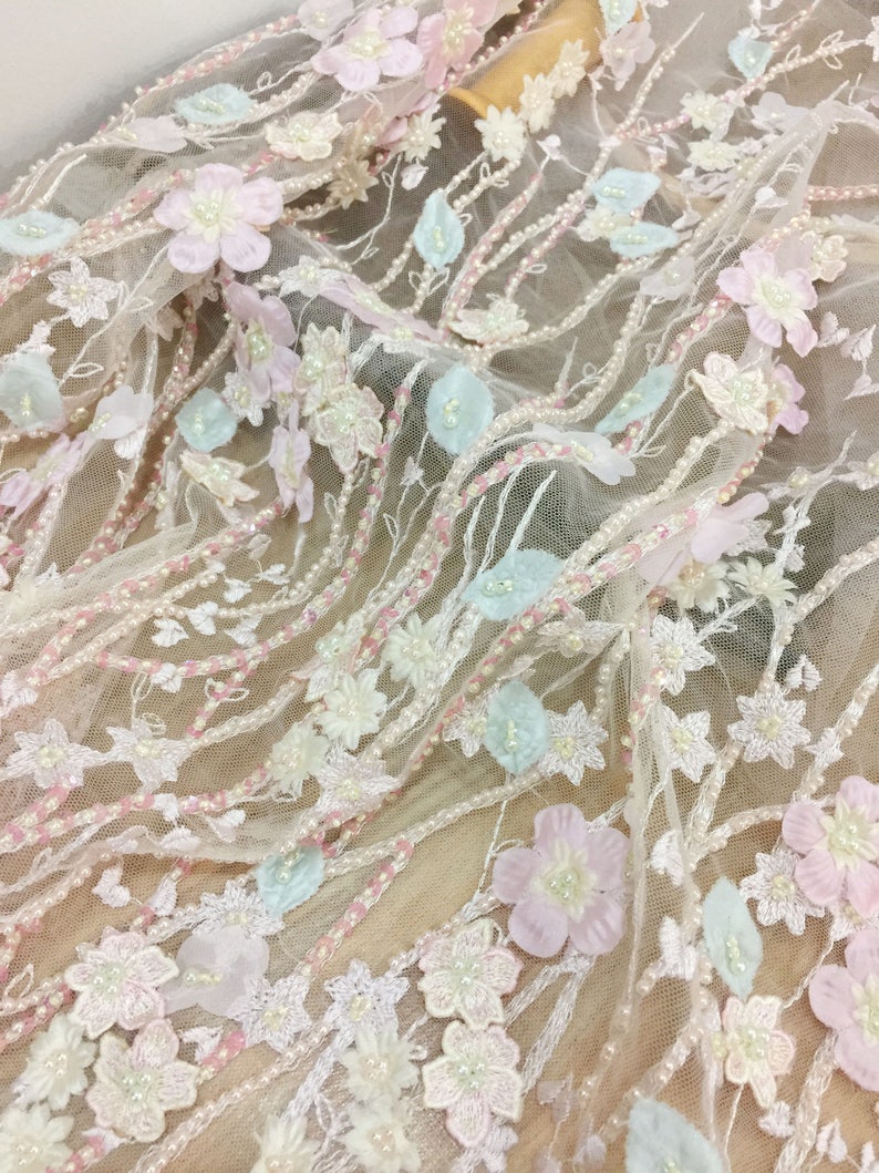Bridal Dress Wedding Gown Acessories Luxury 3D Beaded Full Blossom Lace Fabric in Pastel Pink for Haute Couture