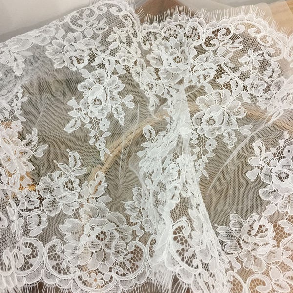 3 yards ivory French Alencon lace fabric trim for bridal, gowns, garters, veils