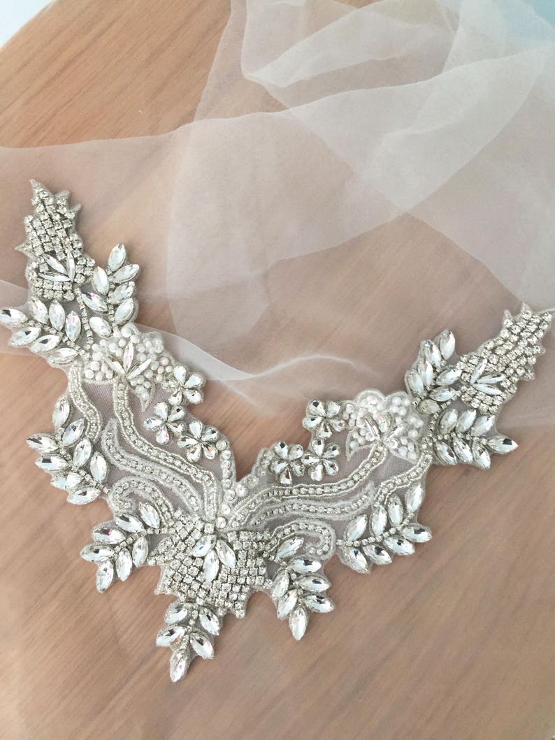 Exquisite Rhinestone Beaded Bridal Applique With Silver Thread Etsy