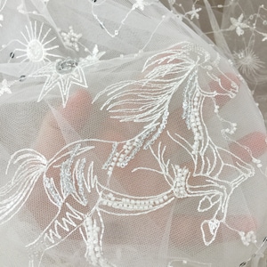 1 Yard 3D beaded sequin soft tulle embroidery lace fabric in off white for bridal gown wedding dress boho wedding