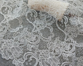 Tela de encaje floral de Alençon, bordado blanco cálido, velo de novia para vestido de novia
