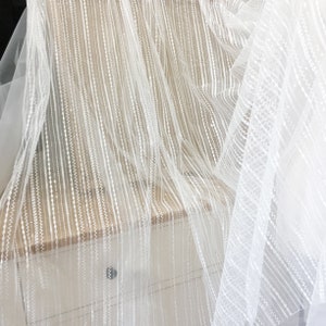 Off White Clear Sequin Stripe Wedding Gown Lace Fabric by Yard , Romantic Lace Fabric with Wave Design