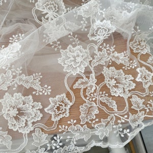 1 Yard Ivory Alencon Lace Fabric, Embroidery Bridal Lace Fabric, Wedding Gown Lace, Cord Lace Fabric