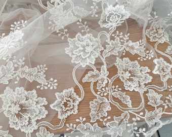 1 Yard Ivory Alencon Lace Fabric, Embroidery Bridal Lace Fabric, Wedding Gown Lace, Cord Lace Fabric