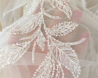 2 Pairs 3D Beaded Leaf Embroidery Lace Applique Pair with Sequins Bridal Veil Lace Motif Patch Accessories Garter Veil Gown