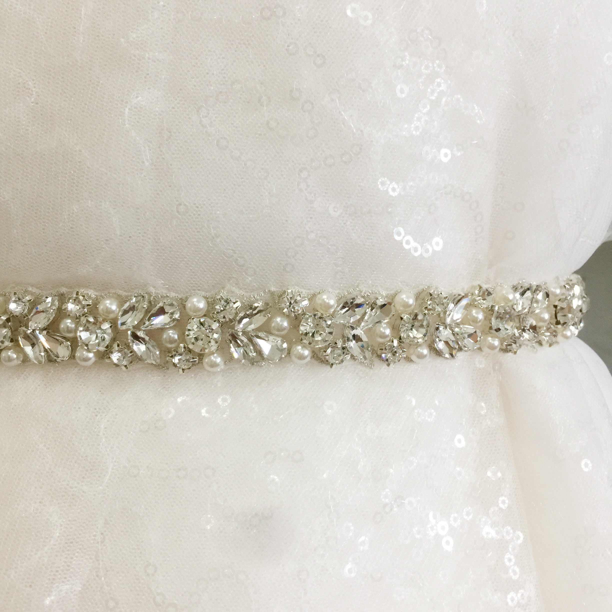 Rhinestone Pearl Beaded Trim: Bridal Sash, Wedding Belt - 1 