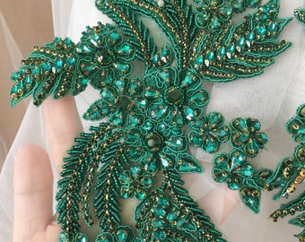 Emerald Green Rhinestone Beaded Lace Applique Pair , Wedding Gown Bridal Dress Emebllishment Accessories ,Crystal Beaded Birdal Applique