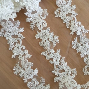 5 Yards Exquisite Beaded Alencon Lace Trim , Bridal Veil Lace, Scallop Wedding Gown Lace Trim , Bridal Dress Straps