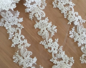 5 Yards Exquisite Beaded Alencon Lace Trim , Bridal Veil Lace, Scallop Wedding Gown Lace Trim , Bridal Dress Straps