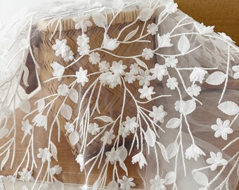 3D-blombroderi brudspetstyg på metervara, handpärlsydd prästkragebroderi spetstyg Couture brudklänningstyg