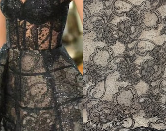 Floral Alencon Lace Fabric, Ivory Black Red Sequin Embroidery, Bridal Gown